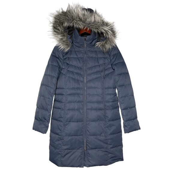 London Fog Down Filled Parka Coat Faux Fur Hood Navy Blue Quilted Winter Jacket - Picture 2 of 15